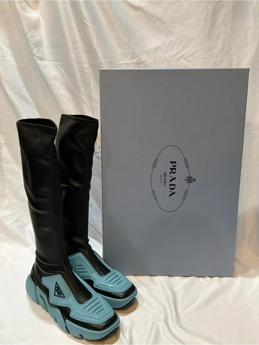 Prada Runway Techno Stretch Boots with Light Blue Platform Soles size 40